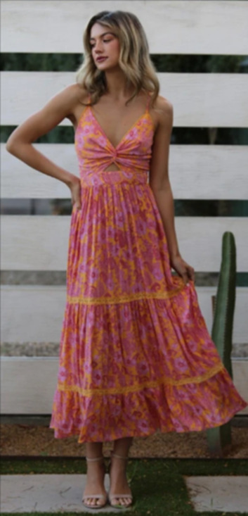 Angie Dresses & Skirts - Angie Boho Floral Maxi Dress Pink/Yellow Twist Front Tiered Crochet L 8-12